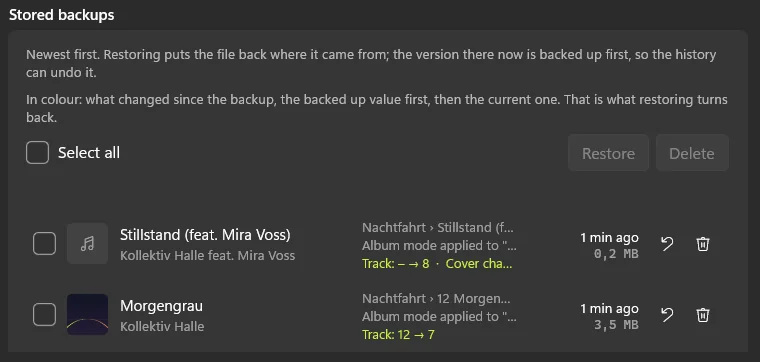The list of stored backups, each showing what changed since, for example the track number going from 12 to 7.