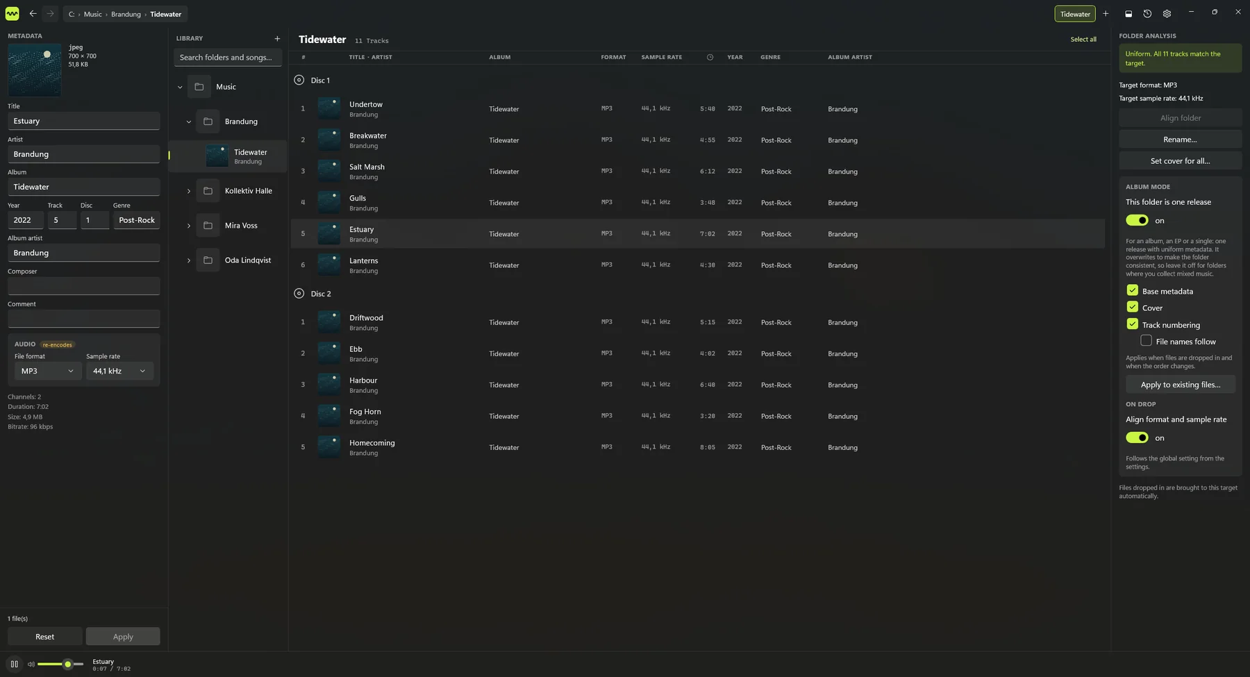 TagTuner showing the two-disc album Tidewater: tags of the selected song on the left, the track list in the middle, the folder's rules on the right.